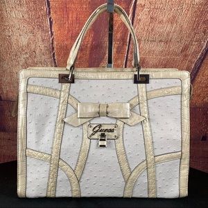 GUESS Visage Large Box Satchel Stone Ivory Ostrich